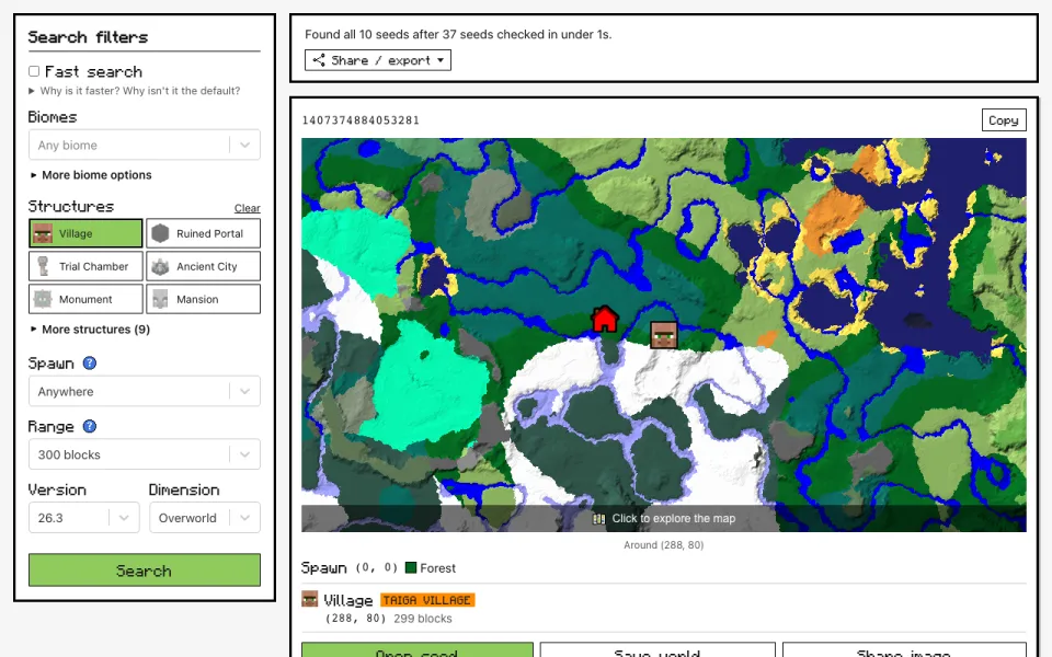 Finder results: seeds with a village near the world centre, each with a biome thumbnail