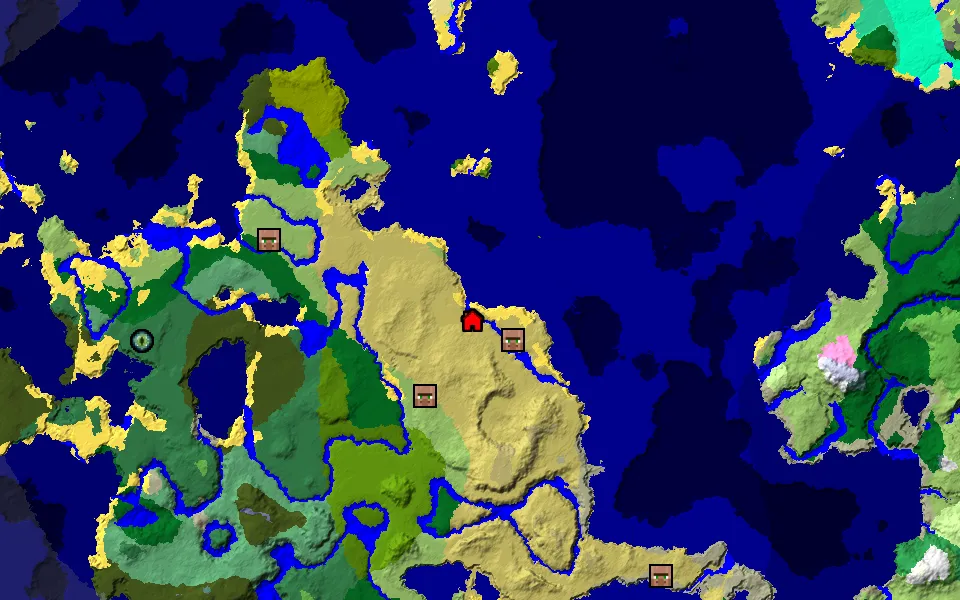 Biome map of a seed with its spawn, strongholds and villages marked