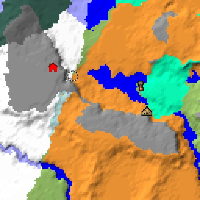 Overworld biome map of seed 1332568118536636 around spawn, with the abandoned camp and dappled forest marked