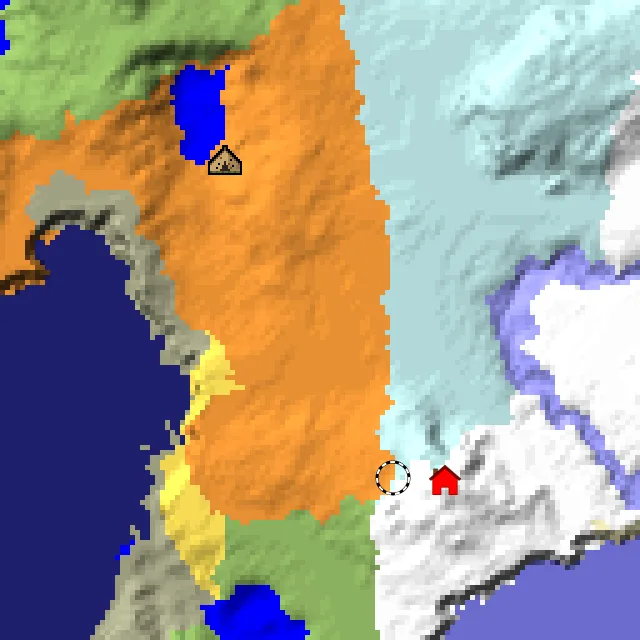 Overworld biome map of seed 17108149081942125 around spawn, with the abandoned camp and dappled forest marked