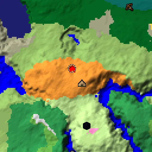 Overworld biome map of seed 17277575243043769 around spawn, with the abandoned camp and dappled forest marked