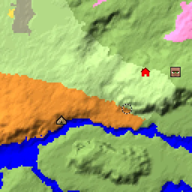 Overworld biome map of seed 2461477476460289 around spawn, with the abandoned camp and dappled forest marked