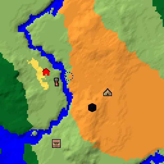 Overworld biome map of seed 4540005795369143 around spawn, with the abandoned camp and dappled forest marked