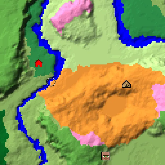 Overworld biome map of seed 5096246946705467 around spawn, with the abandoned camp and dappled forest marked