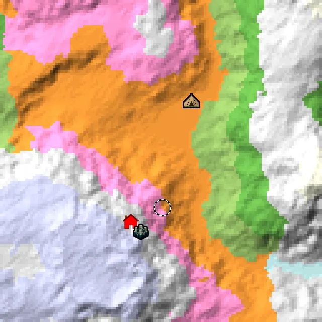 Overworld biome map of seed 6378256306624431 around spawn, with the abandoned camp and dappled forest marked