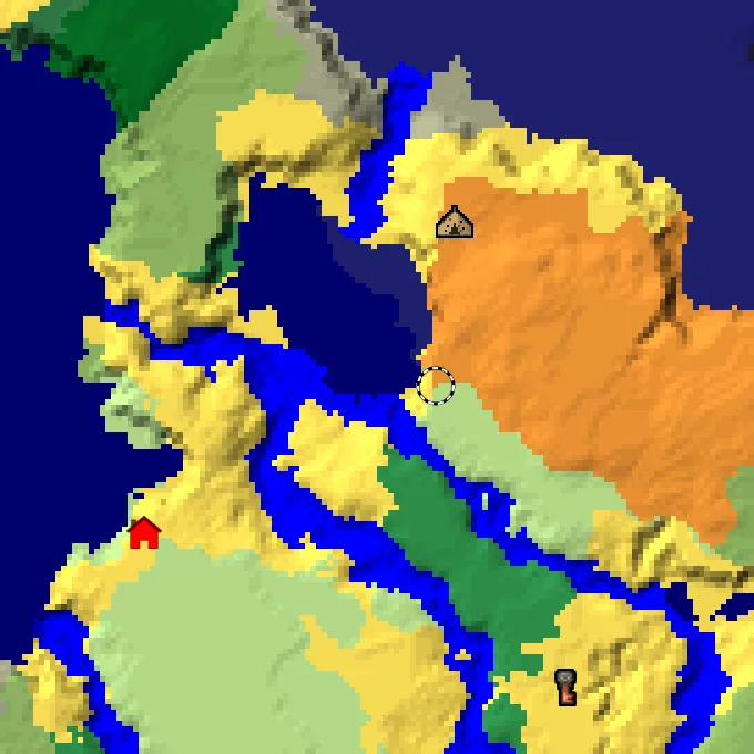 Overworld biome map of seed 6863001104749494 around spawn, with the abandoned camp and dappled forest marked