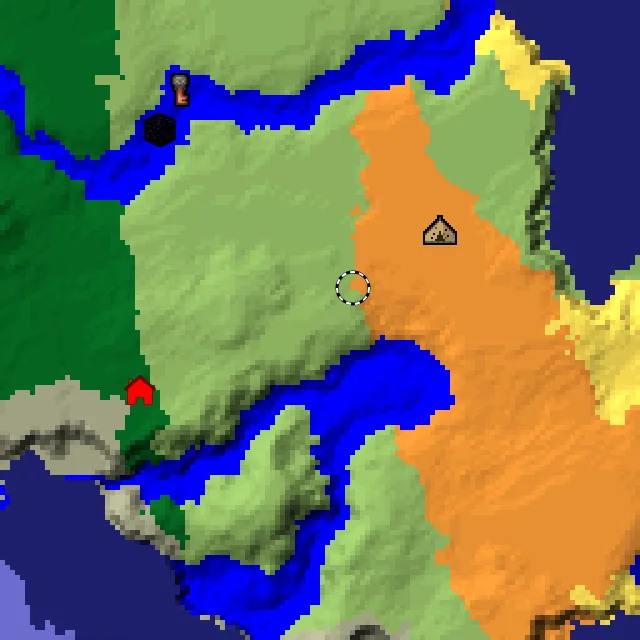Overworld biome map of seed 942290479523733 around spawn, with the abandoned camp and dappled forest marked