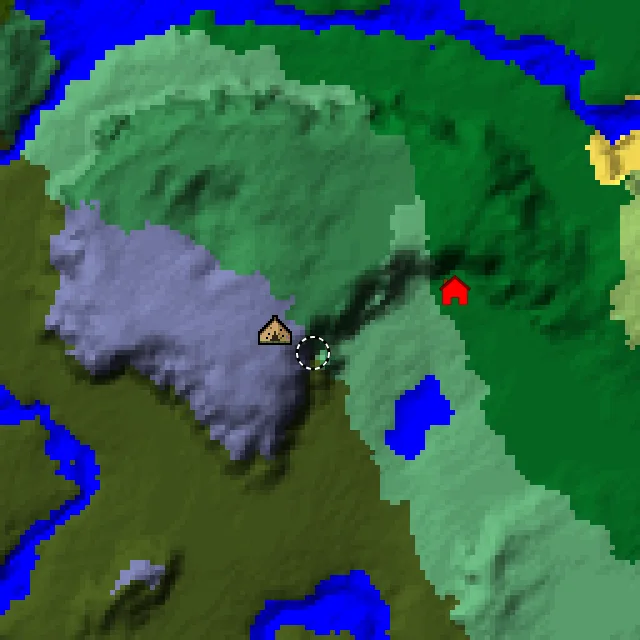 Overworld biome map of seed 19180464107149712 around spawn, with the abandoned camp and pale garden marked