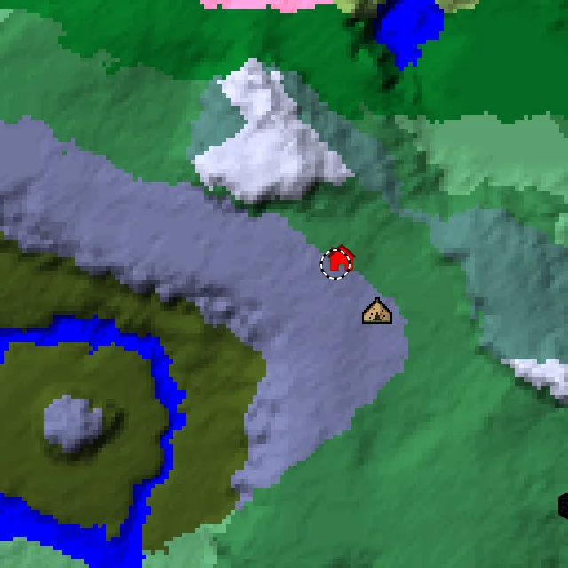 Overworld biome map of seed 1919394327020867 around spawn, with the abandoned camp and pale garden marked