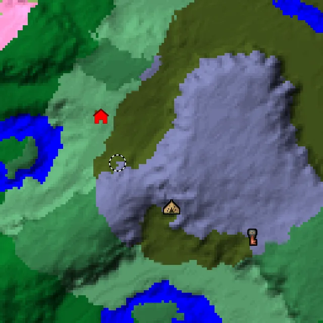 Overworld biome map of seed 34285218160008845 around spawn, with the abandoned camp and pale garden marked