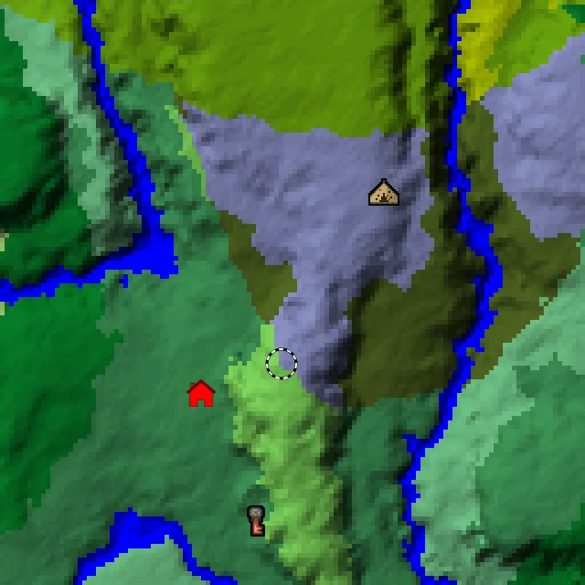 Overworld biome map of seed 6288608918385347 around spawn, with the abandoned camp and pale garden marked