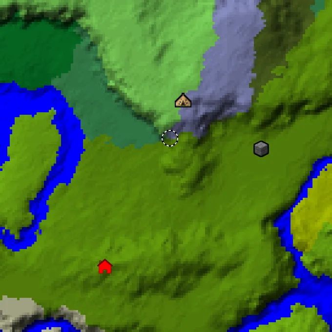 Overworld biome map of seed 6865797219394423 around spawn, with the abandoned camp and pale garden marked