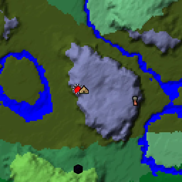 Overworld biome map of seed 7608428869712543 around spawn, with the abandoned camp and pale garden marked