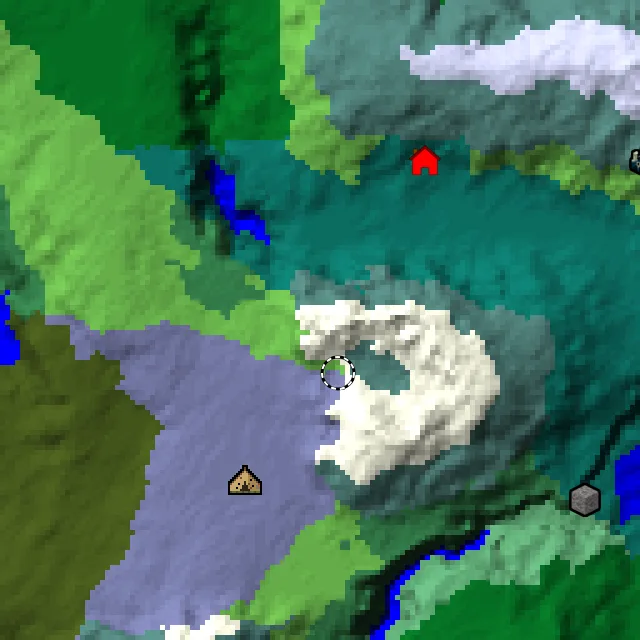 Overworld biome map of seed 8562851341419051 around spawn, with the abandoned camp and pale garden marked