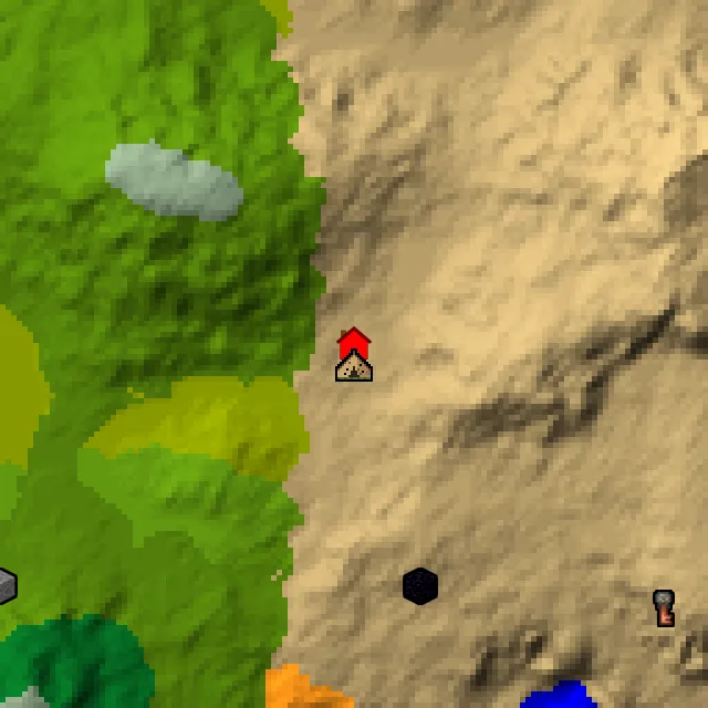 Overworld biome map of seed 109062250015565 around spawn, with the abandoned camp marked
