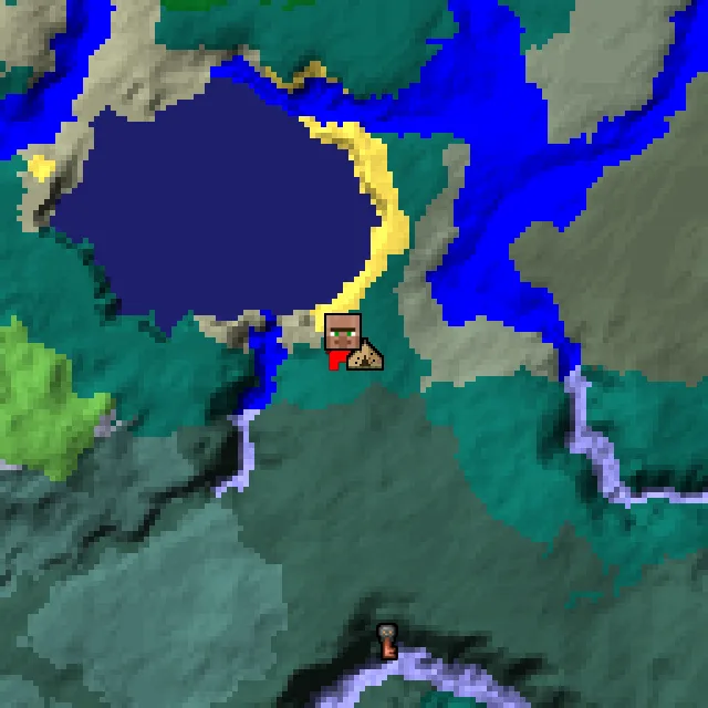 Overworld biome map of seed 13213665042628 around spawn, with the abandoned camp marked