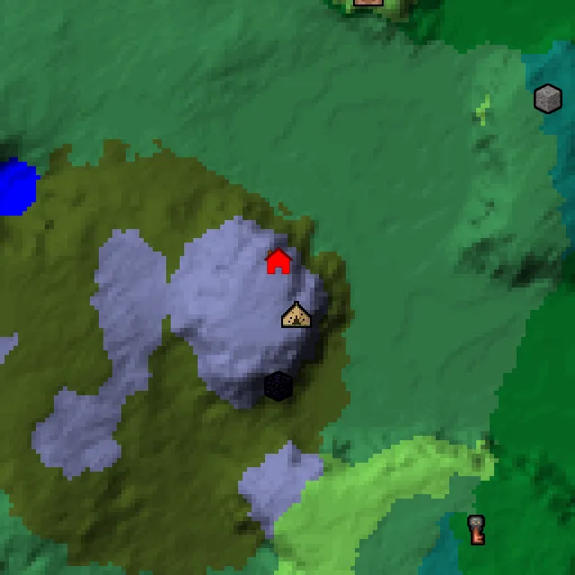 Overworld biome map of seed 1697828004813856 around spawn, with the abandoned camp marked