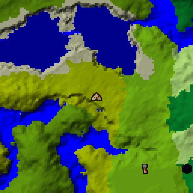 Overworld biome map of seed 205941381969480 around spawn, with the abandoned camp marked