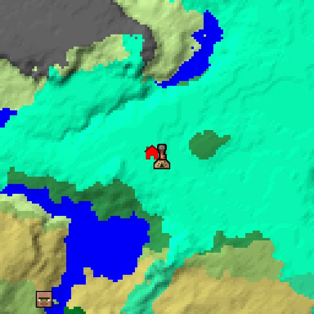 Overworld biome map of seed 423428296863212 around spawn, with the abandoned camp marked