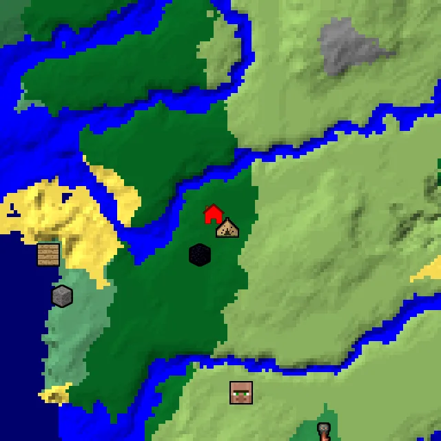 Overworld biome map of seed 64630255946901 around spawn, with the abandoned camp marked