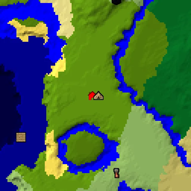 Overworld biome map of seed 857638595174584 around spawn, with the abandoned camp marked