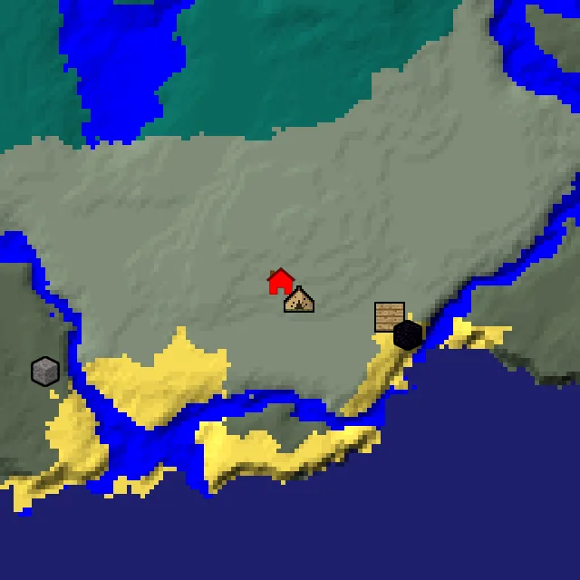 Overworld biome map of seed 86660878744450 around spawn, with the abandoned camp marked