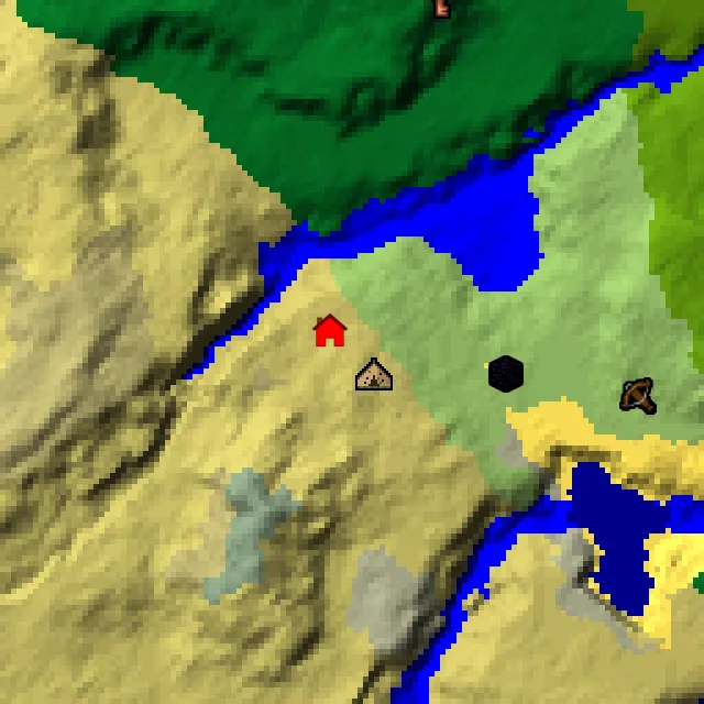 Overworld biome map of seed 975811416019541 around spawn, with the abandoned camp marked