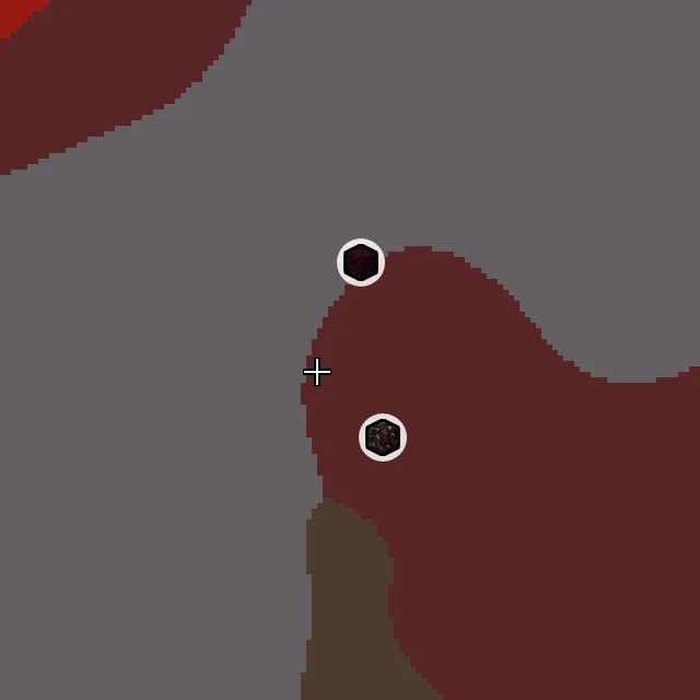 Nether biome map of seed 161492380098657 around Nether 0, 0, with the bastion and fortress marked