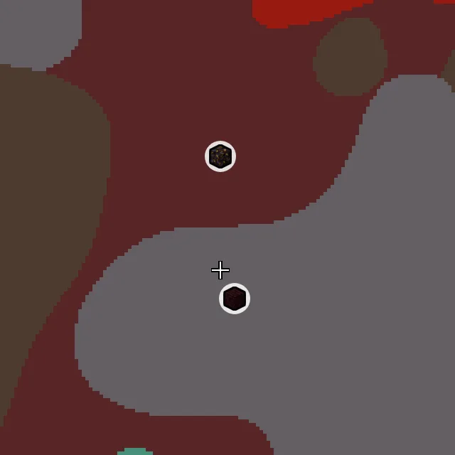 Nether biome map of seed 280694549017343 around Nether 0, 0, with the bastion and fortress marked