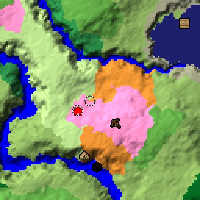 Overworld biome map of seed -2453593619936133549 around spawn, with the dappled forest and cherry grove marked