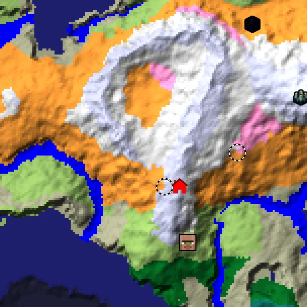 Overworld biome map of seed 5751028428224877539 around spawn, with the dappled forest and cherry grove marked