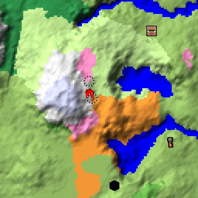 Overworld biome map of seed 8371336556850631860 around spawn, with the dappled forest and cherry grove marked