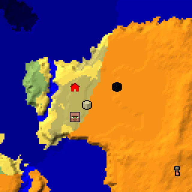 Overworld biome map of seed 24408329189616865 around spawn, with the desert pyramid and ruined portal marked