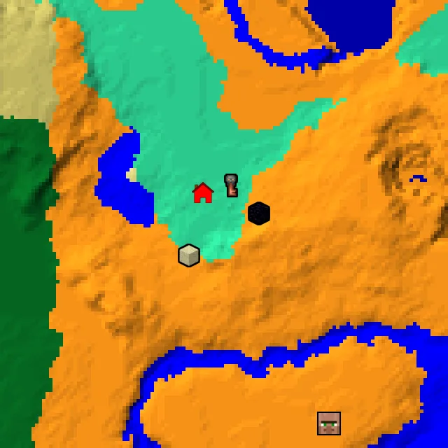 Overworld biome map of seed 27497328365495448 around spawn, with the desert pyramid and ruined portal marked