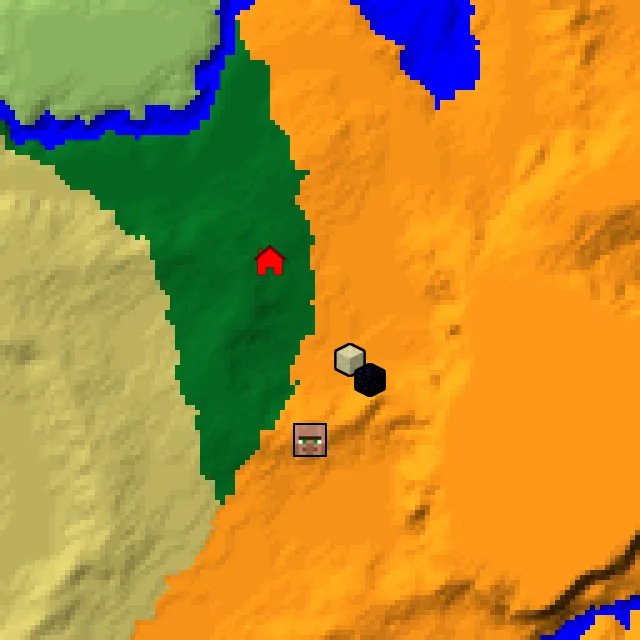 Overworld biome map of seed 28462718234064871 around spawn, with the desert pyramid and ruined portal marked