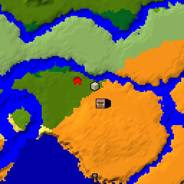 Overworld biome map of seed 3035361386383305 around spawn, with the desert pyramid and ruined portal marked