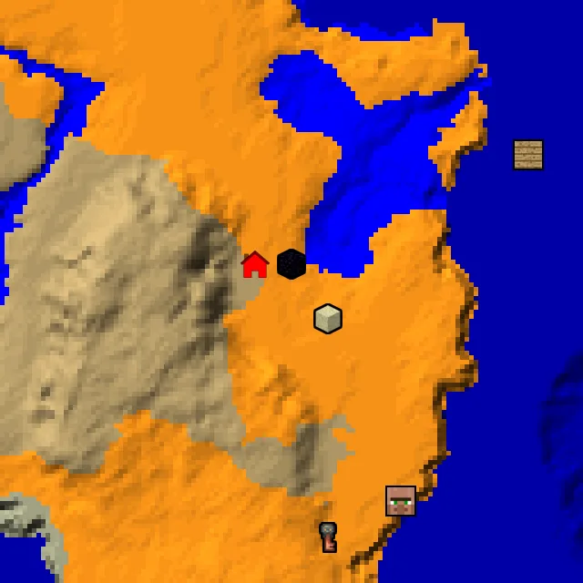 Overworld biome map of seed 45172820309726508 around spawn, with the desert pyramid and ruined portal marked