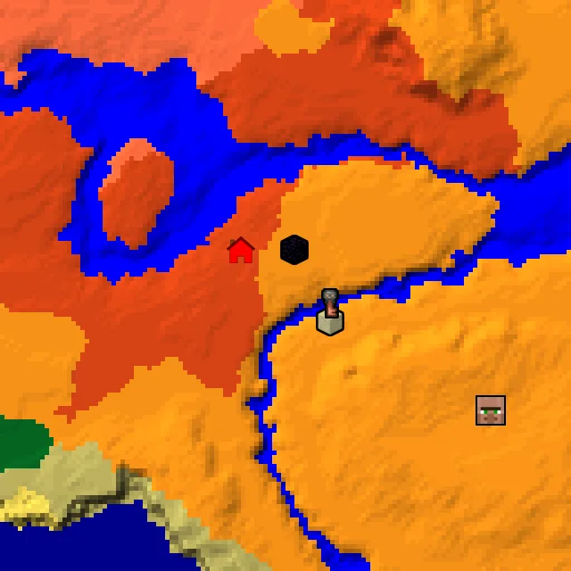 Overworld biome map of seed 5081662123751150 around spawn, with the desert pyramid and ruined portal marked