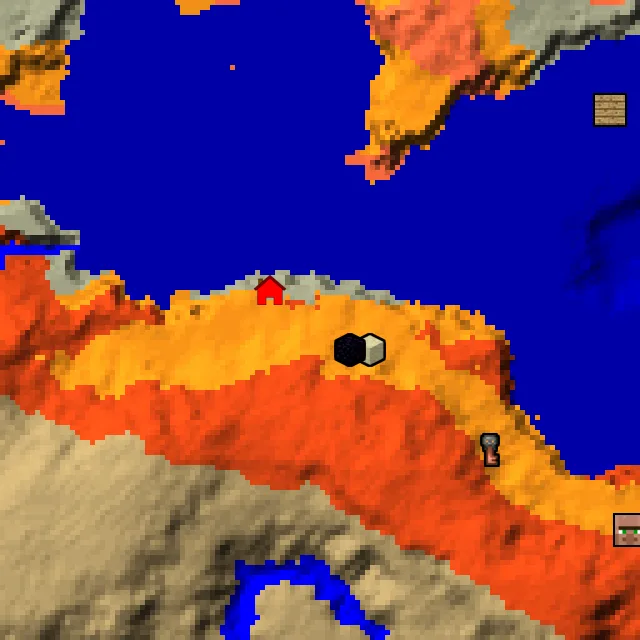 Overworld biome map of seed 6952294005753424 around spawn, with the desert pyramid and ruined portal marked