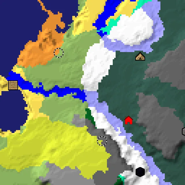 Overworld biome map of seed 13534325829278682 around spawn at Y 0, with the abandoned camp and sulfur caves and dappled forest marked