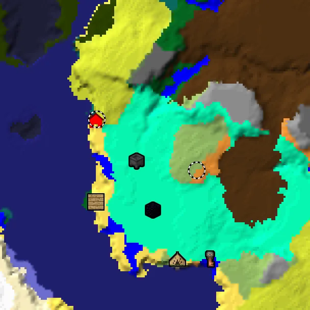 Overworld biome map of seed 18649700352874035 around spawn at Y 0, with the abandoned camp and sulfur caves and dappled forest marked