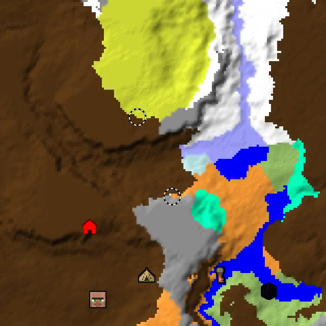 Overworld biome map of seed 21455372195588619 around spawn at Y 0, with the abandoned camp and sulfur caves and dappled forest marked