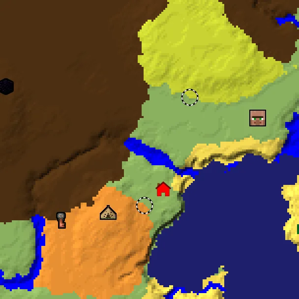 Overworld biome map of seed 34504716291086797 around spawn at Y 0, with the abandoned camp and sulfur caves and dappled forest marked