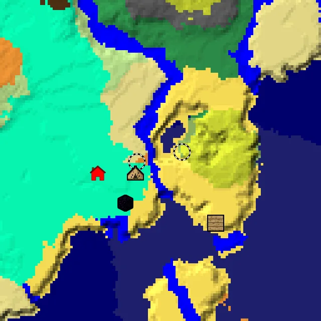 Overworld biome map of seed 353826866681393 around spawn at Y 0, with the abandoned camp and sulfur caves and dappled forest marked