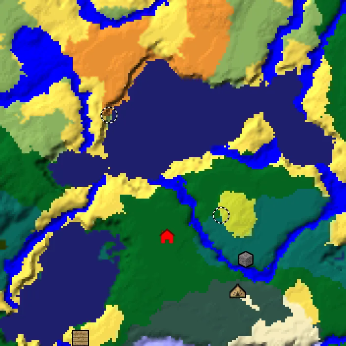 Overworld biome map of seed 36661500743853332 around spawn at Y 0, with the abandoned camp and sulfur caves and dappled forest marked