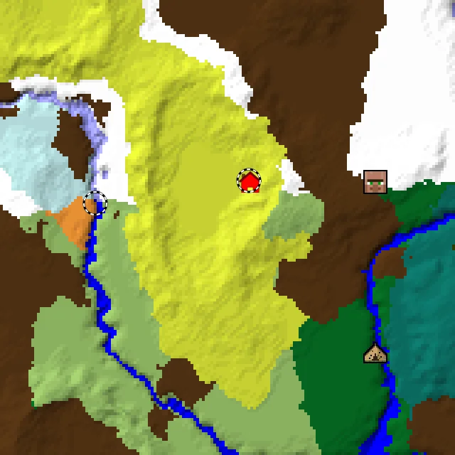 Overworld biome map of seed 6499846892361195 around spawn at Y 0, with the abandoned camp and sulfur caves and dappled forest marked