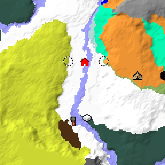 Overworld biome map of seed 6742231963009256 around spawn at Y 0, with the abandoned camp and sulfur caves and dappled forest marked