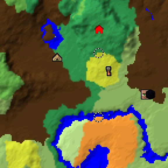 Overworld biome map of seed 7778802864780158 around spawn at Y 0, with the abandoned camp and sulfur caves and dappled forest marked
