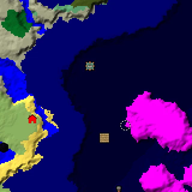 Overworld biome map of seed 16669324208218993 around spawn, with the monument and mushroom fields marked
