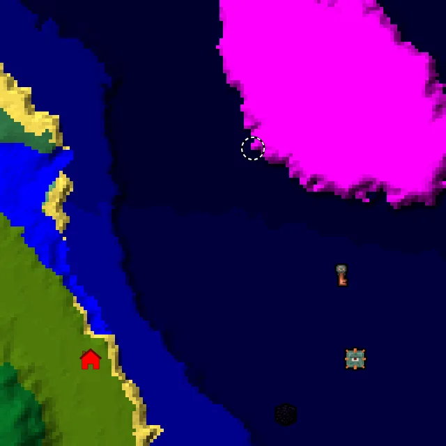 Overworld biome map of seed 17036737413726777 around spawn, with the monument and mushroom fields marked